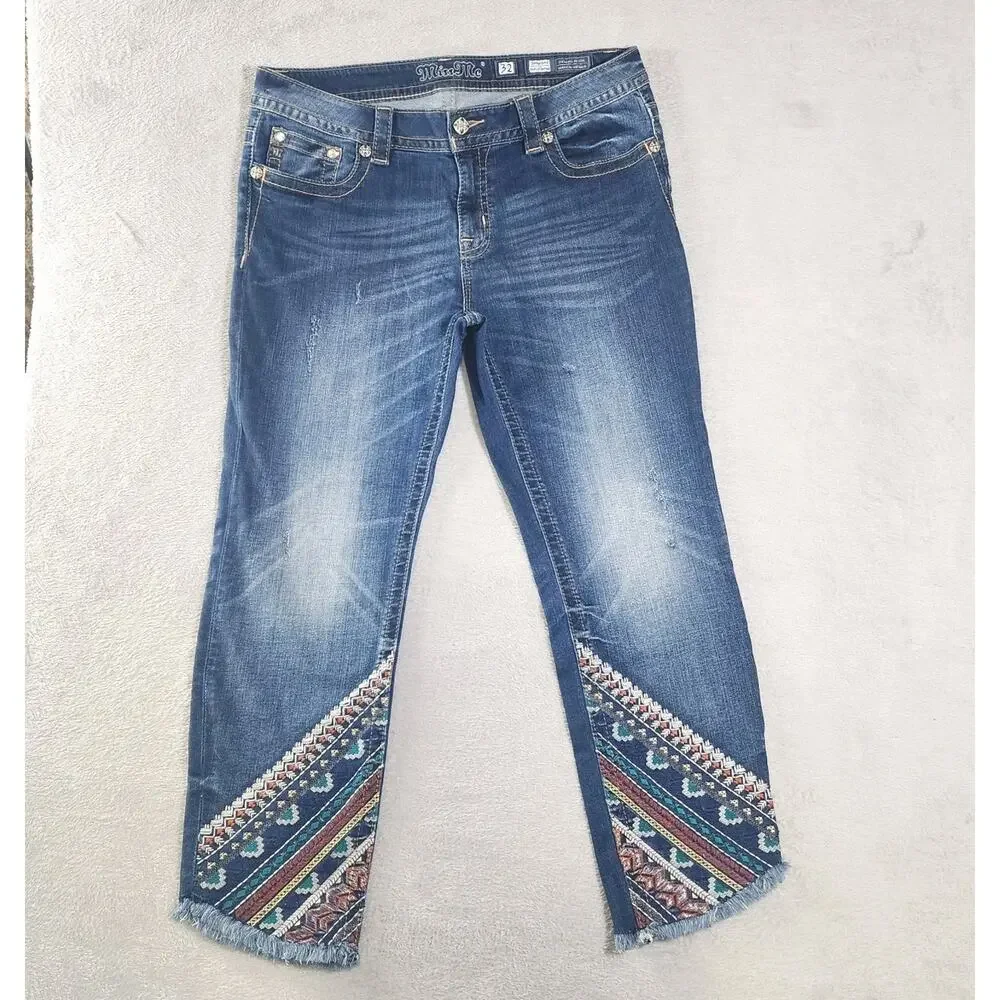 Miss Me Jeans Ankle Skinny Southwest Embroidered Stretch Medium Wash Womens 32 - Picture 2 of 14